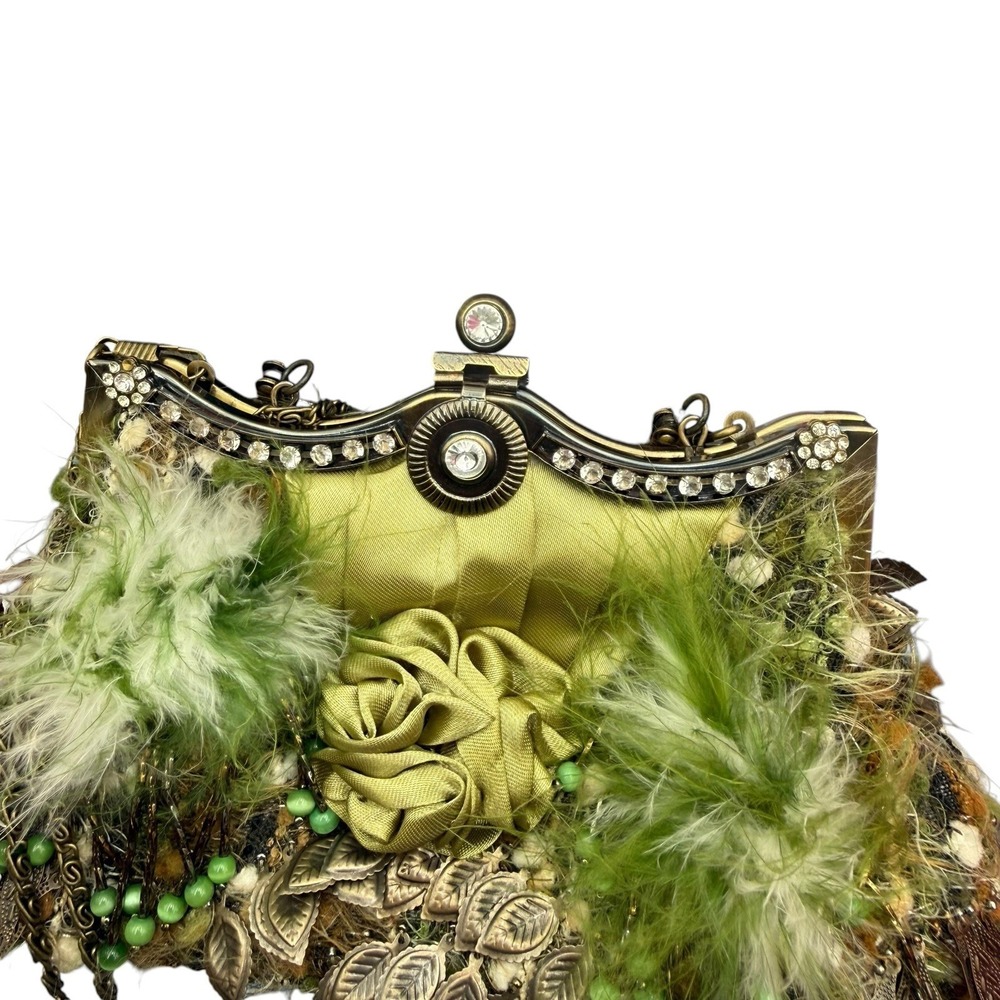 Green Feather Beaded Dark Fairy Boho Art Deco Clutch Metallic Purse w/strap READ - Picture 8 of 14